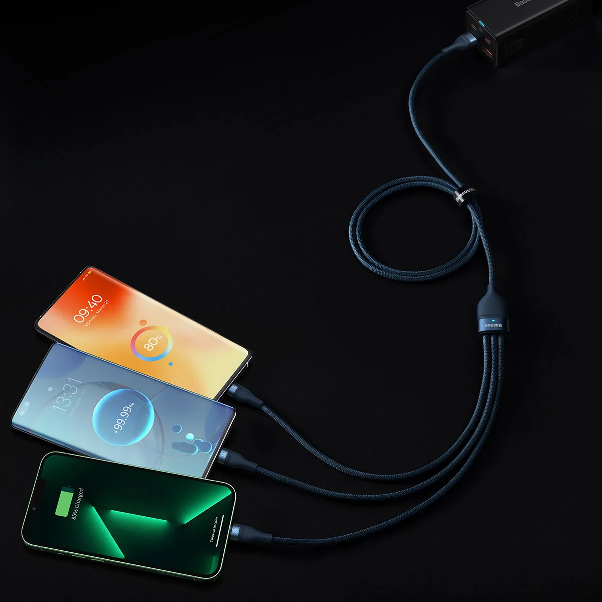 3-v-1 rýchlonabíjací kábel USB-A na USB-C, microUSB, Lightning 66 W 480 Mb/s 1,2 m modrý 11