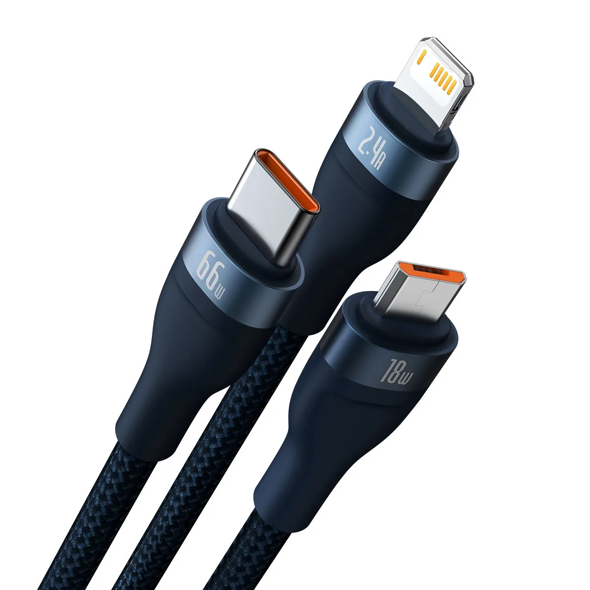 3-v-1 rýchlonabíjací kábel USB-A na USB-C, microUSB, Lightning 66 W 480 Mb/s 1,2 m modrý 2