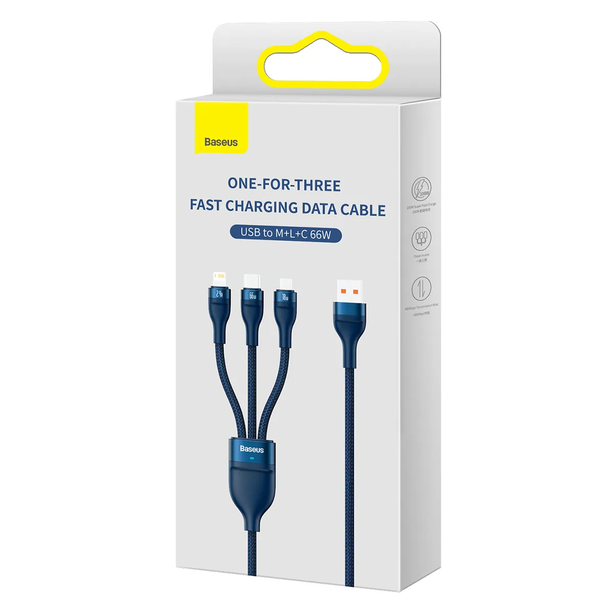 3-v-1 rýchlonabíjací kábel USB-A na USB-C, microUSB, Lightning 66 W 480 Mb/s 1,2 m modrý 5