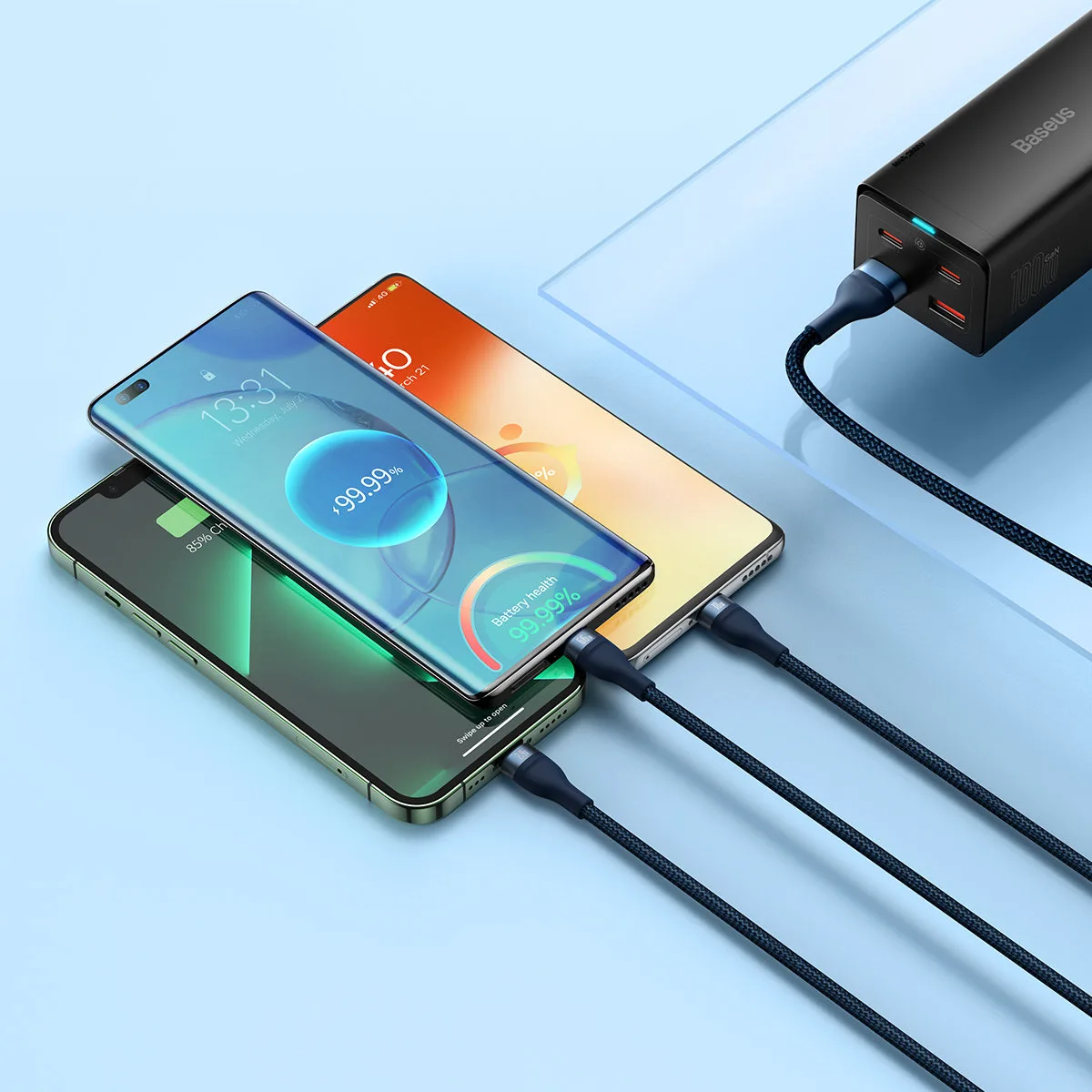 3-v-1 rýchlonabíjací kábel USB-A na USB-C, microUSB, Lightning 66 W 480 Mb/s 1,2 m modrý 9