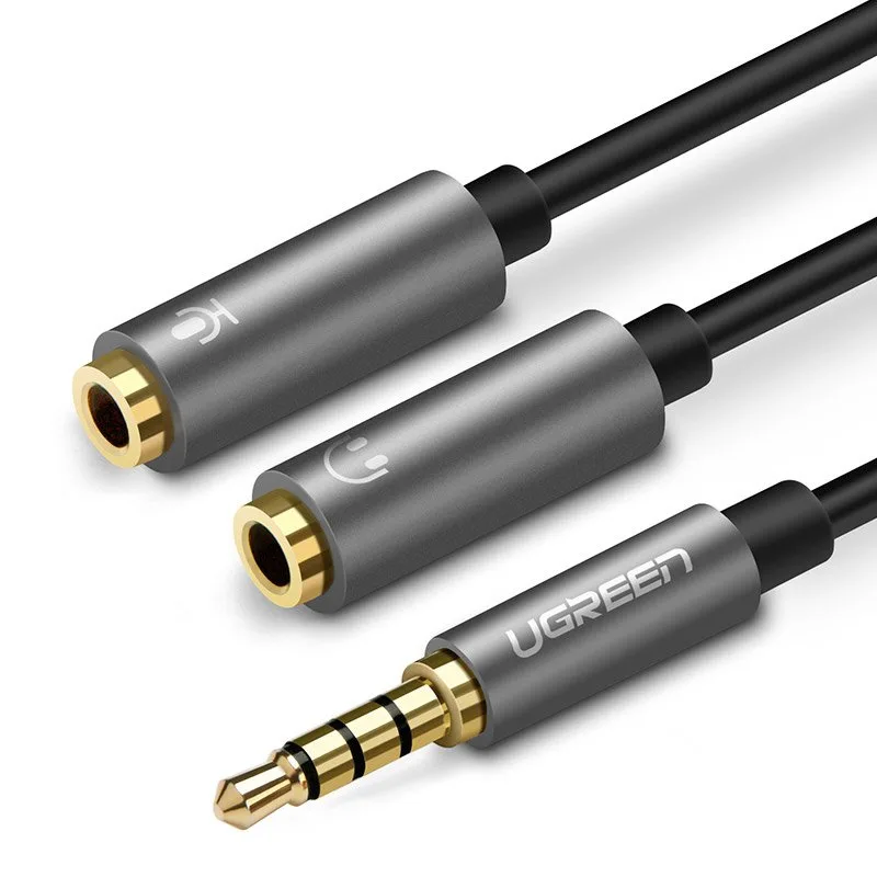 3,5 mm-es mini jack AUX + sztereó mikrofonos fejhallgató-elosztó, 20 cm, ezüst