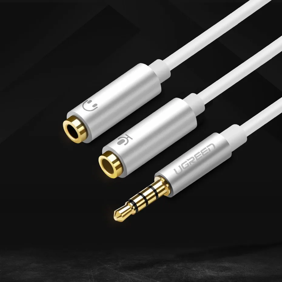 3,5 mm-es mini jack AUX + sztereó mikrofonos fejhallgató-elosztó, 20 cm, ezüst