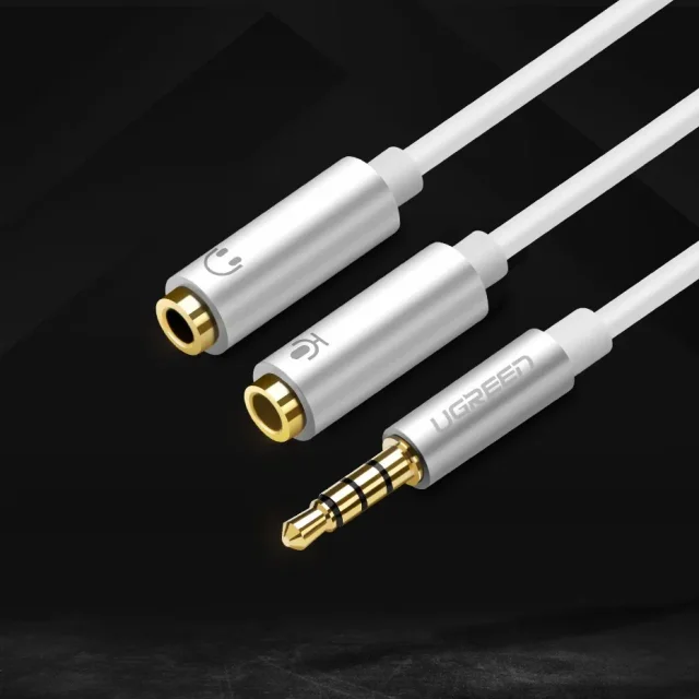 3,5 mm-es mini jack AUX + sztereó mikrofonos fejhallgató-elosztó, 20 cm, ezüst