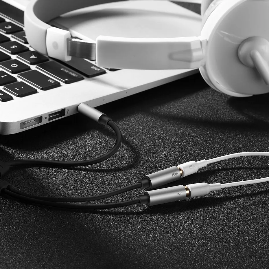 3.5 mm mini jack AUX + stereo microphone headphone splitter, 20 cm, silver 3
