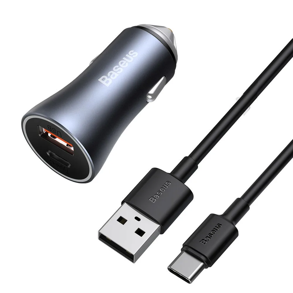 40 W-os PD QC USB-C / USB gyors autós töltő + USB-C kábel (szürke)