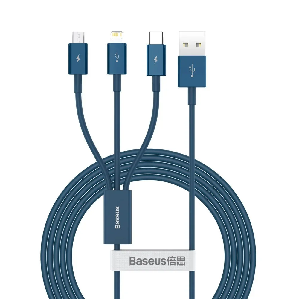 3-in-1 universal USB cable - Lightning / USB-C / micro USB 3.5A 1.5m blue 3-in-1 universal USB cable - Lightning / USB-C / micro USB 3.5A 1.5m blue