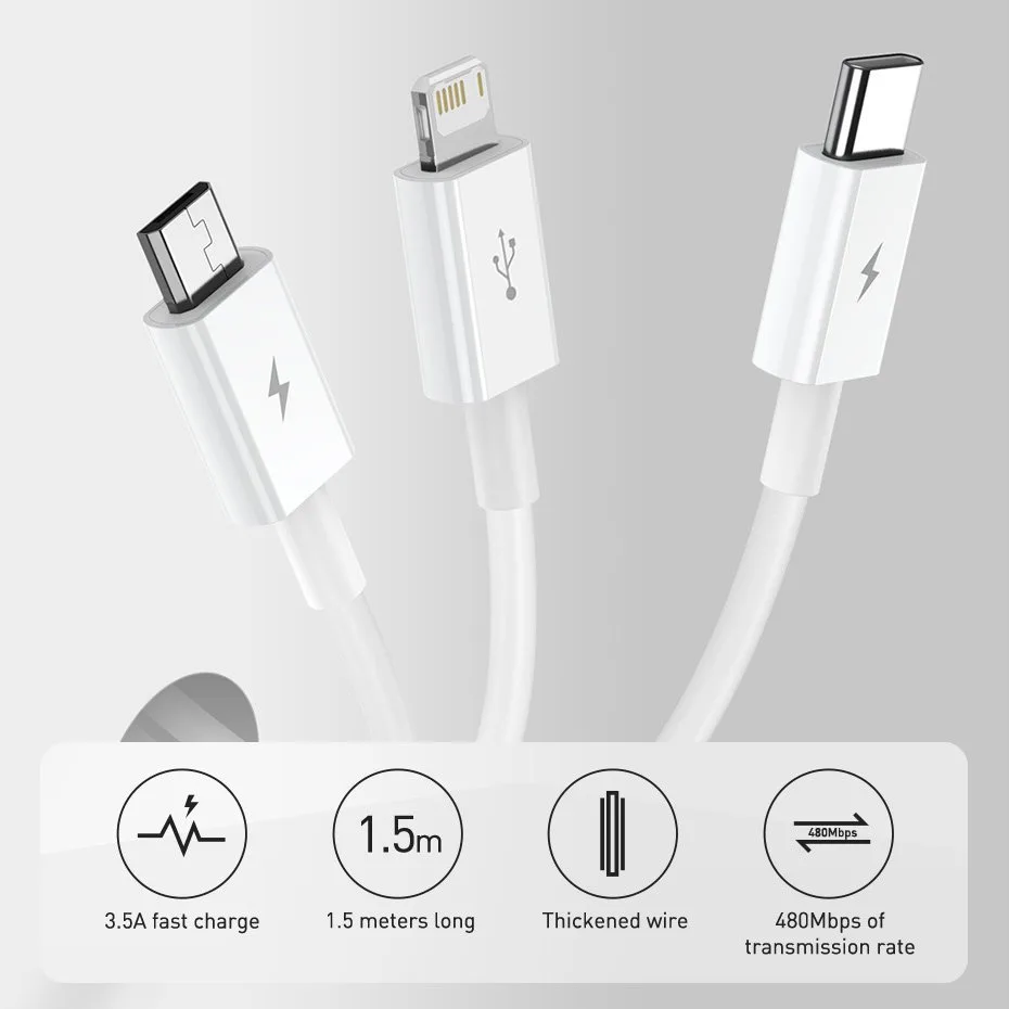 3w1 kabel przewód uniwersalny USB - Lightning / USB-C / micro USB 3.5A 1.5m niebieski 11