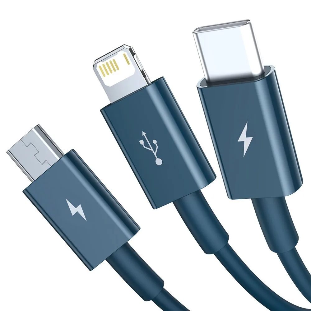 3w1 kabel przewód uniwersalny USB - Lightning / USB-C / micro USB 3.5A 1.5m niebieski 2