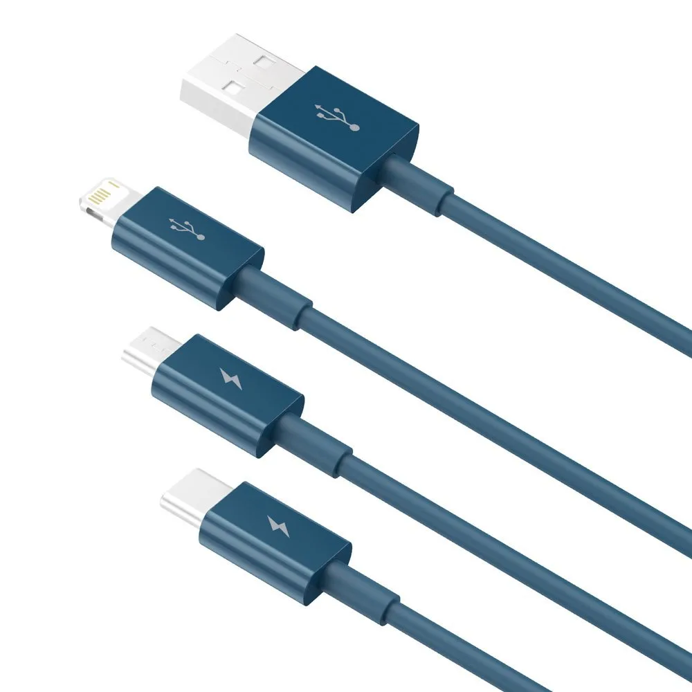 3w1 kabel przewód uniwersalny USB - Lightning / USB-C / micro USB 3.5A 1.5m niebieski 4