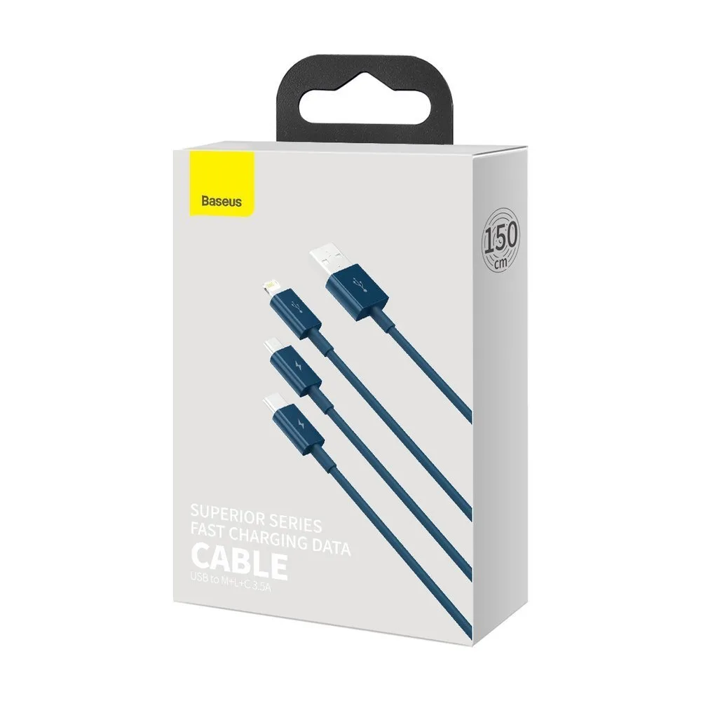 3w1 kabel przewód uniwersalny USB - Lightning / USB-C / micro USB 3.5A 1.5m niebieski 5