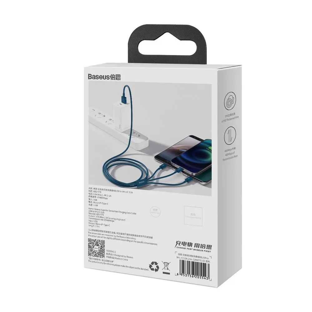 3w1 kabel przewód uniwersalny USB - Lightning / USB-C / micro USB 3.5A 1.5m niebieski 6