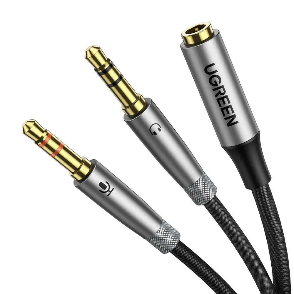 3,5 mm-es AUX kábelelosztó (női csatlakozó – férfi fejhallgató- és mikrofoncsatlakozó), 20 cm, fekete