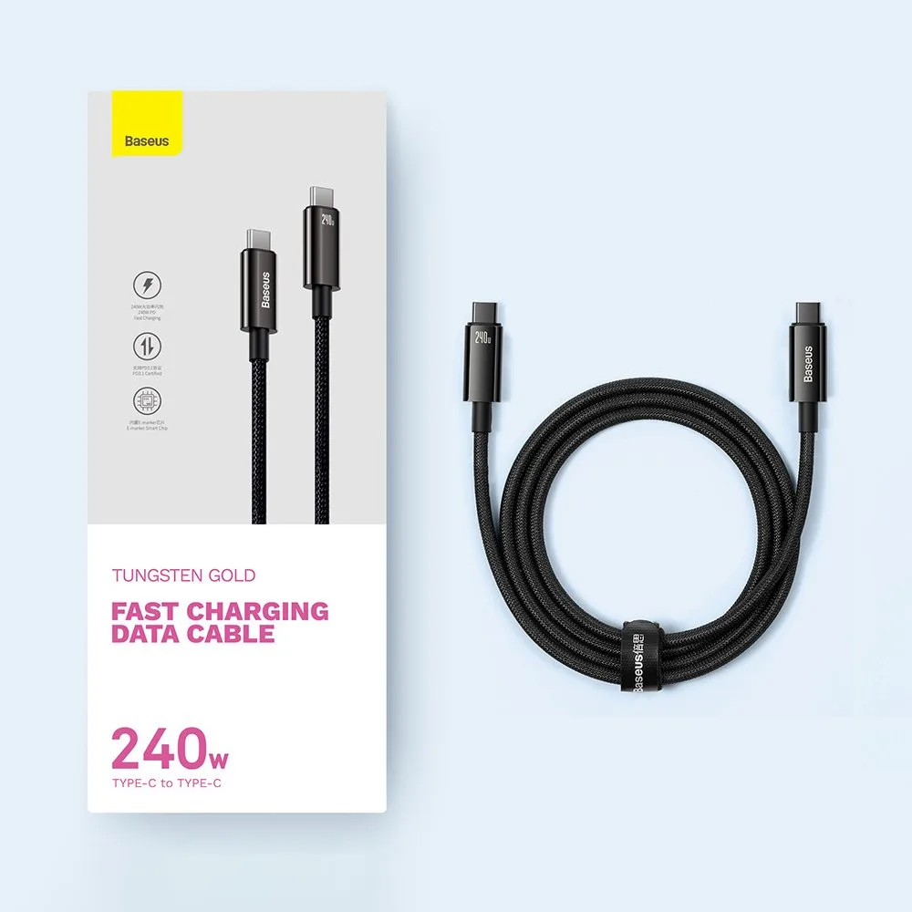 Opletený kábel USB-C 480 Mb/s 240 W Tungsten Gold 3 m čierny 5