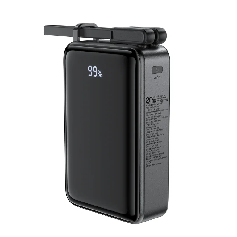 20000 mAh-s M4 PD 67 W-os power bank beépített USB-C kábellel, fekete