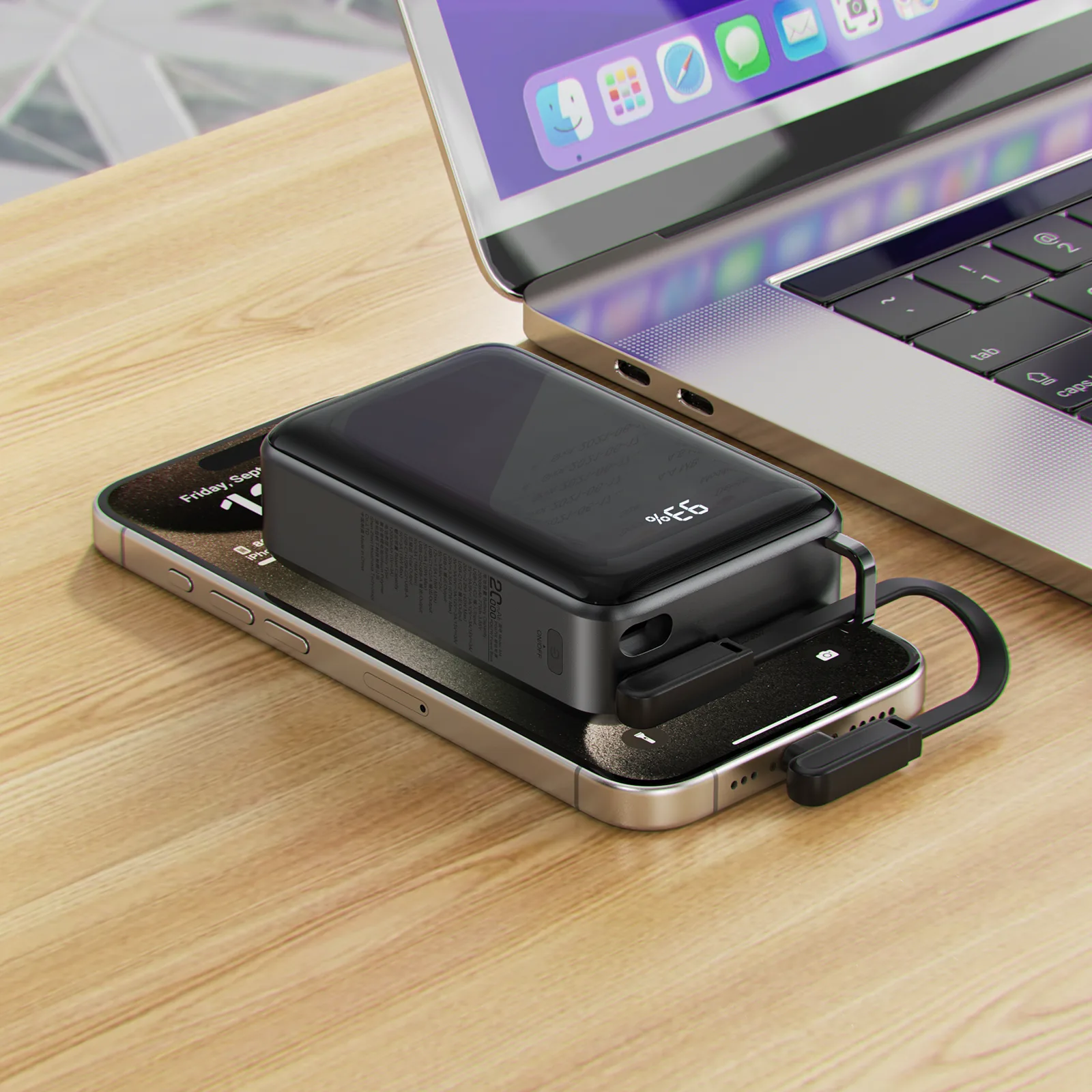 20000mAh M4 PD 67W Power Bank s ugrađenim USB-C kabelom, crna 10