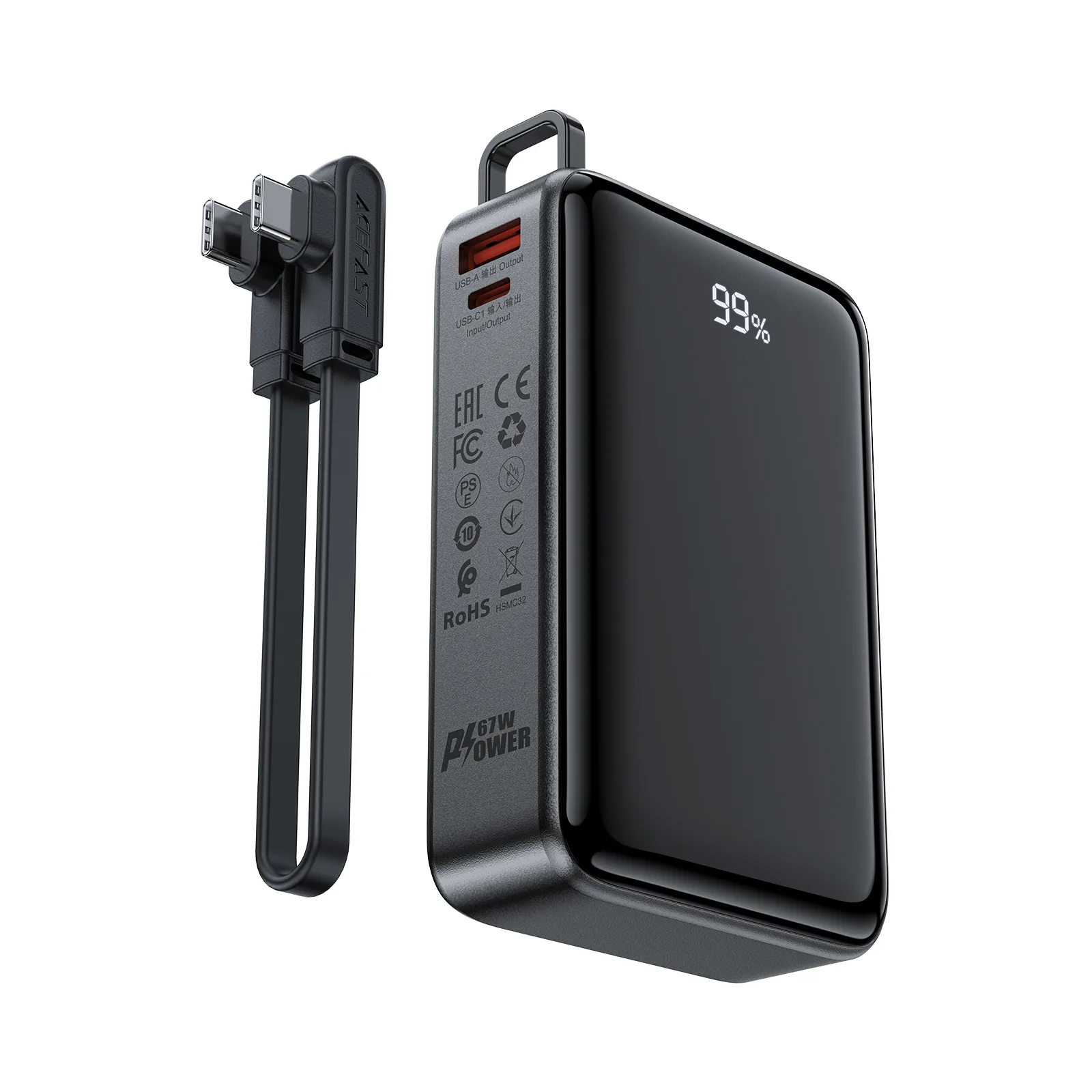 20000mAh M4 PD 67W Power Bank s ugrađenim USB-C kabelom, crna 3