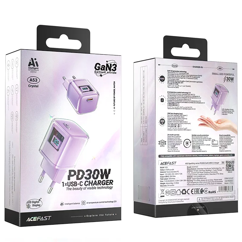 PD 30 W GaN3 USB-C fali töltő kijelzővel, lila 6