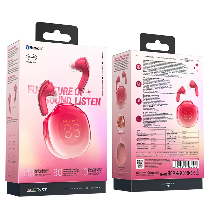 T9 Bluetooth 5.3 Wireless Earbuds USB-C Red 9