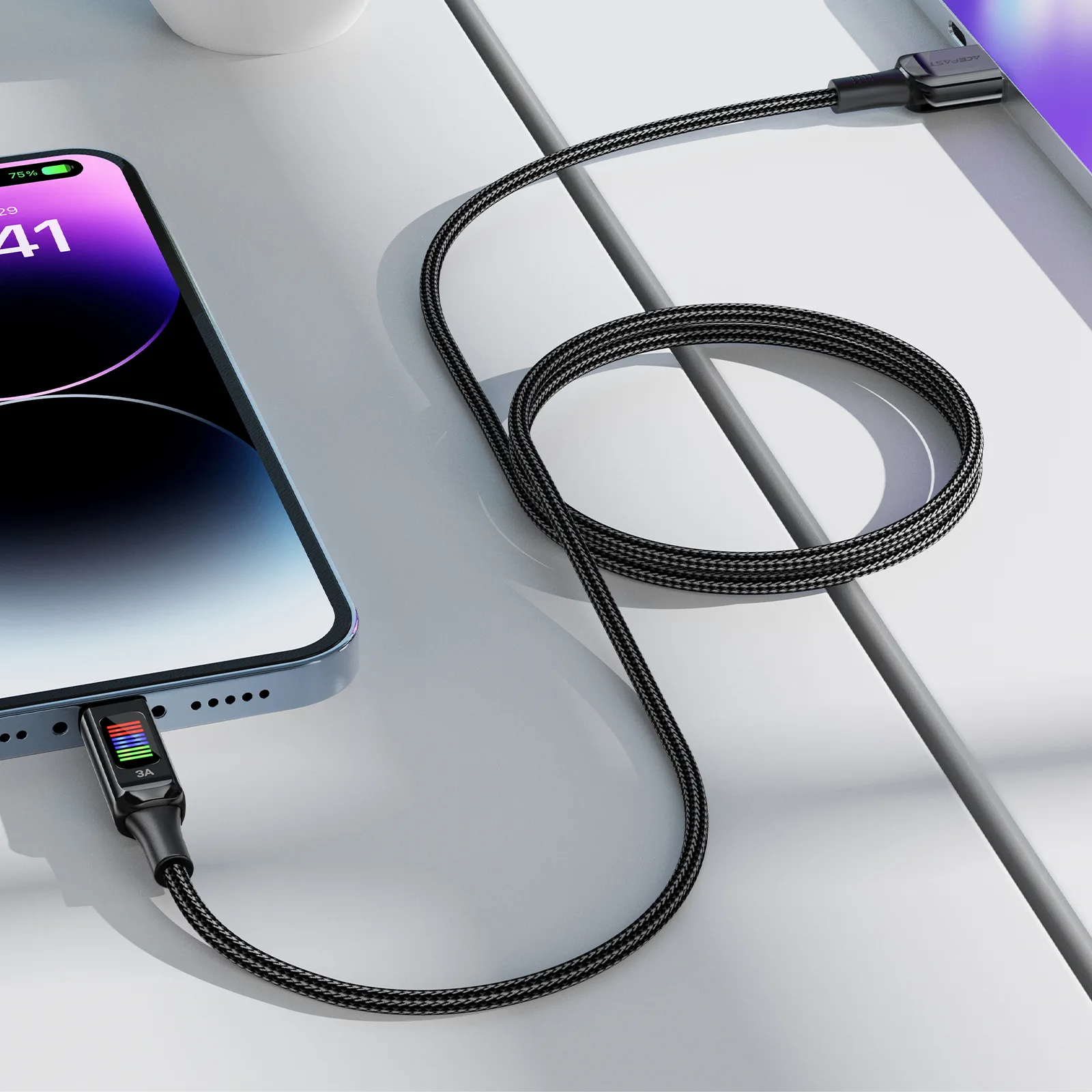 USB-A–USB-C 60 W-os kábel kijelzővel, 1,2 m, fekete 6