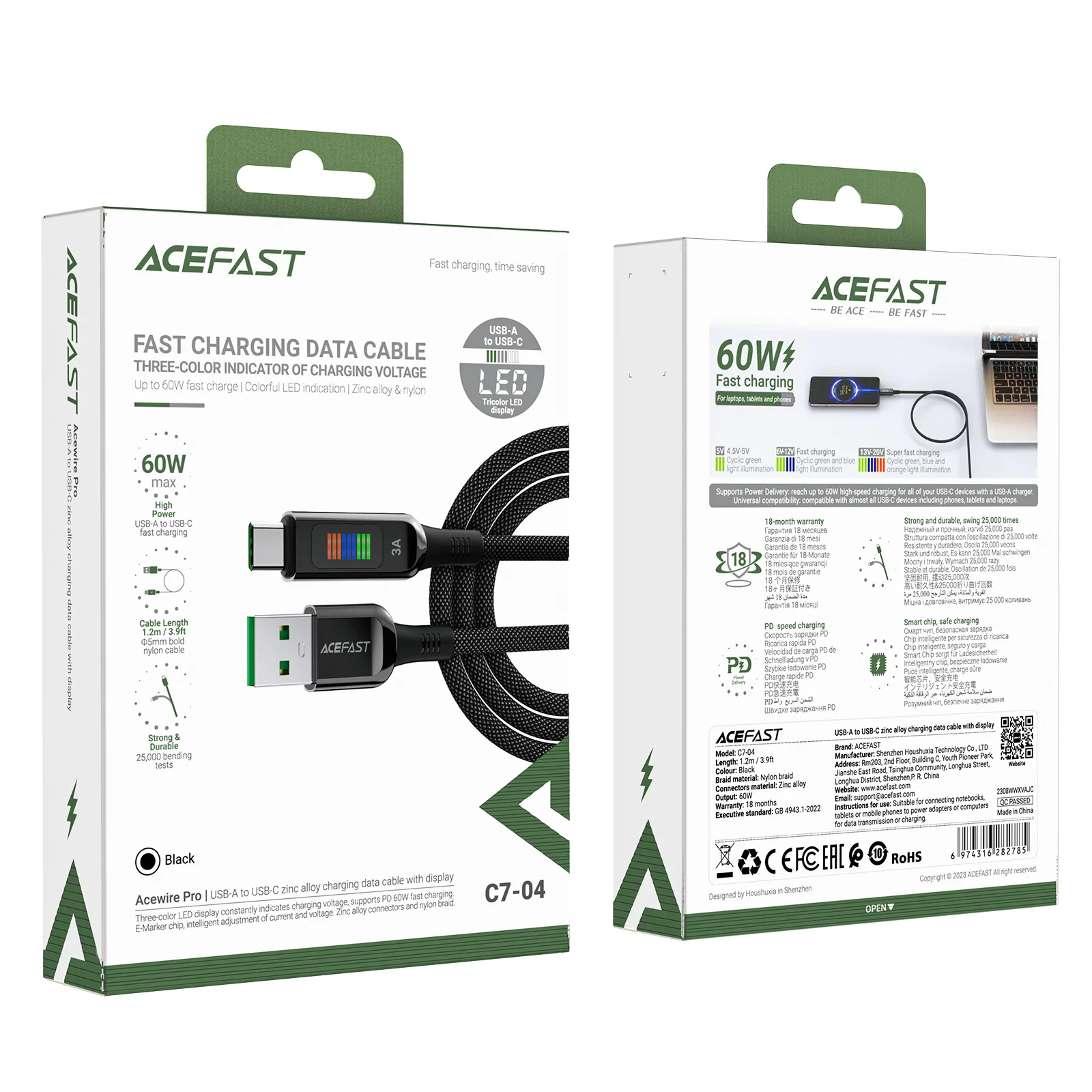 USB-A–USB-C 60 W-os kábel kijelzővel, 1,2 m, fekete 7