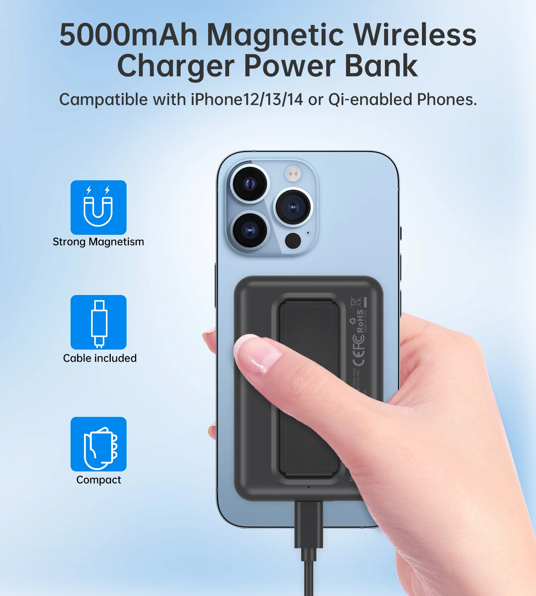 10000mAh bežična MagSafe power banka s USB-A i USB-C priključcima i funkcijom stalka, crna 4