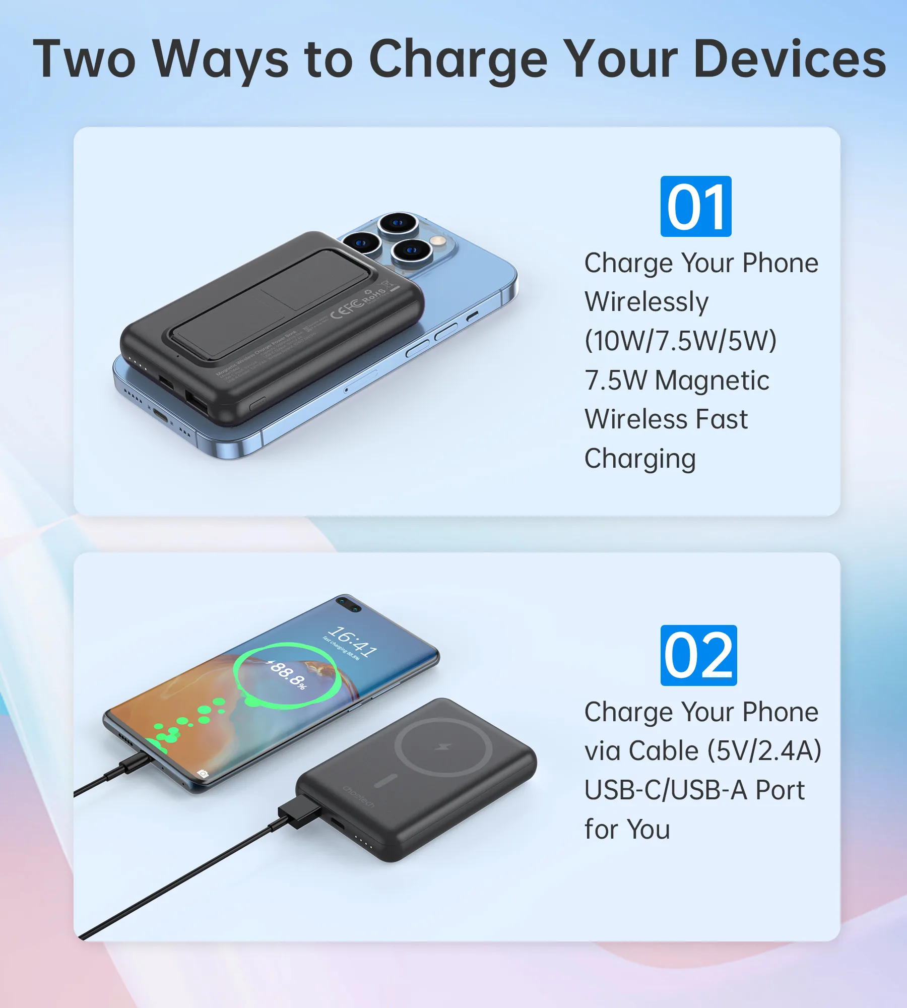 10000mAh bežična MagSafe power banka s USB-A i USB-C priključcima i funkcijom stalka, crna 5