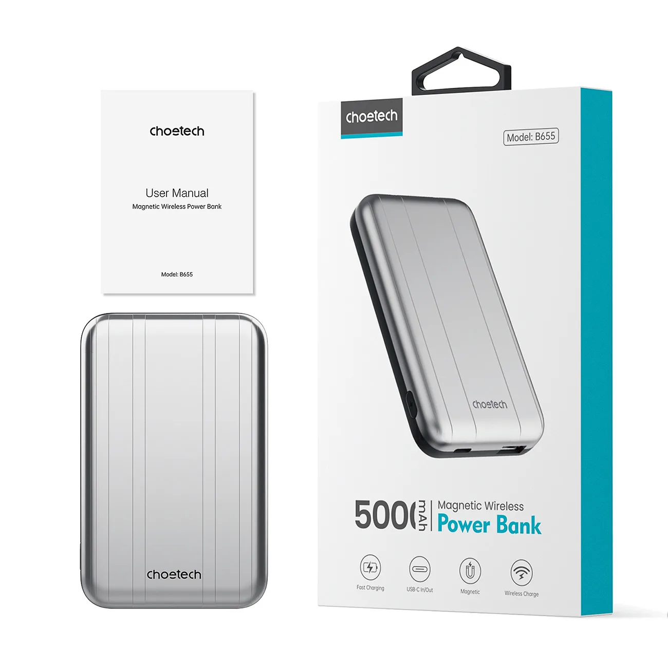Baterie externă wireless MagSafe USB-A USB-C mică și ușoară, de 5000 mAh, argintie 3