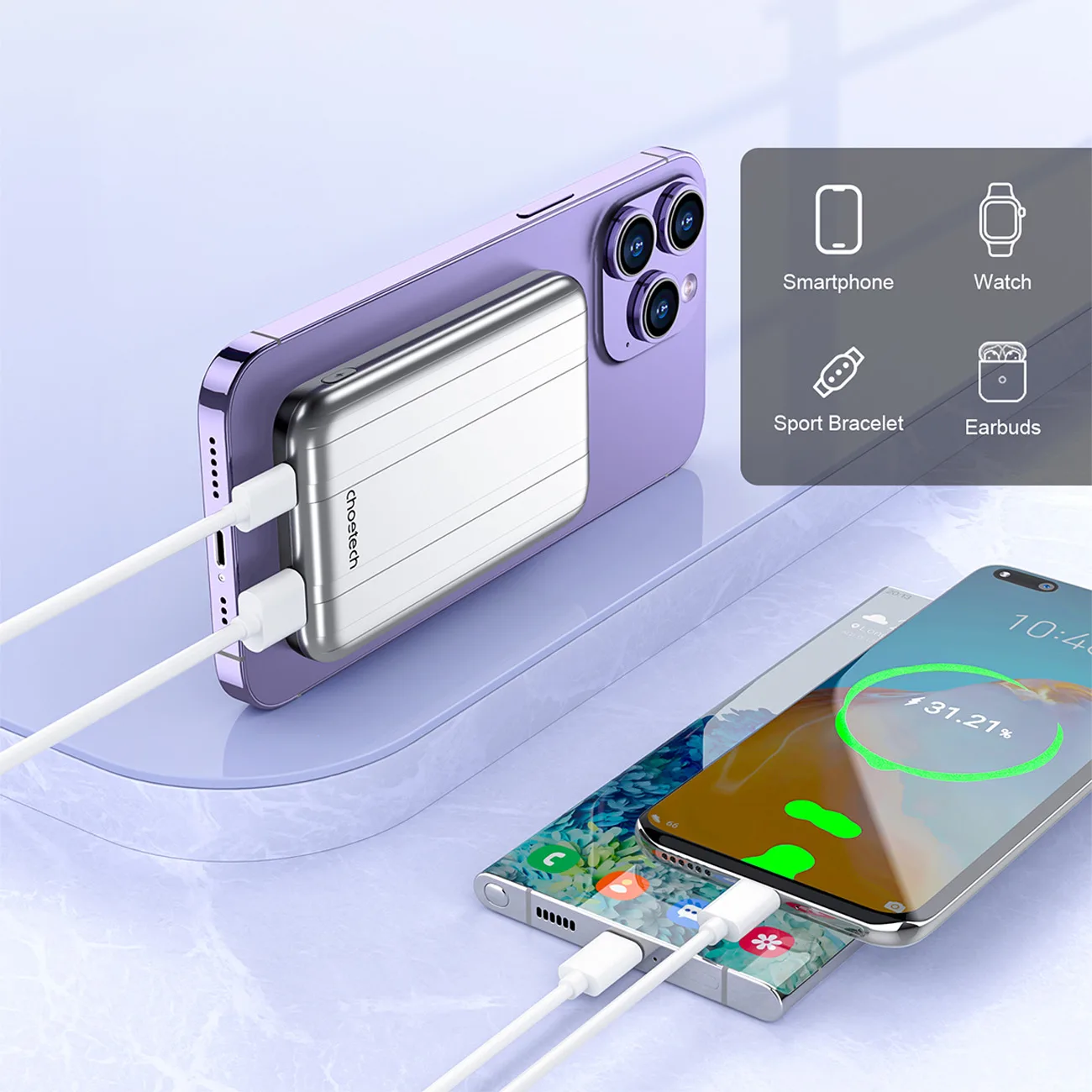 Baterie externă wireless MagSafe USB-A USB-C mică și ușoară, de 5000 mAh, argintie 4