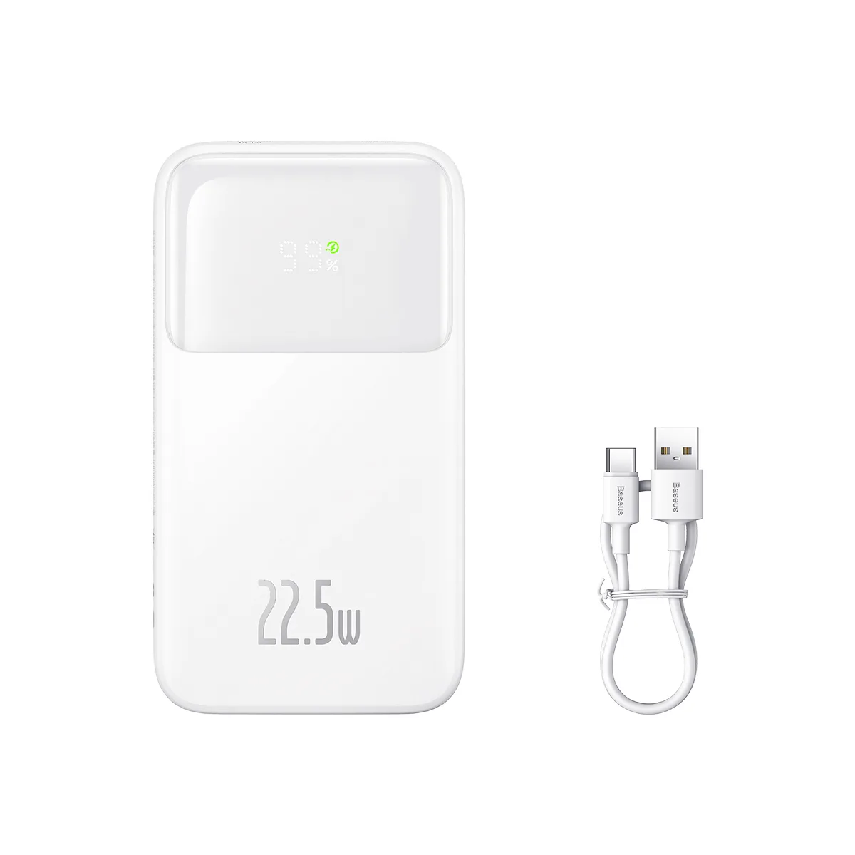 10000 mAh-s, 22,5 W-os Comet sorozatú powerbank kijelzővel + 0,3 m-es fehér USB-A–USB-C kábel