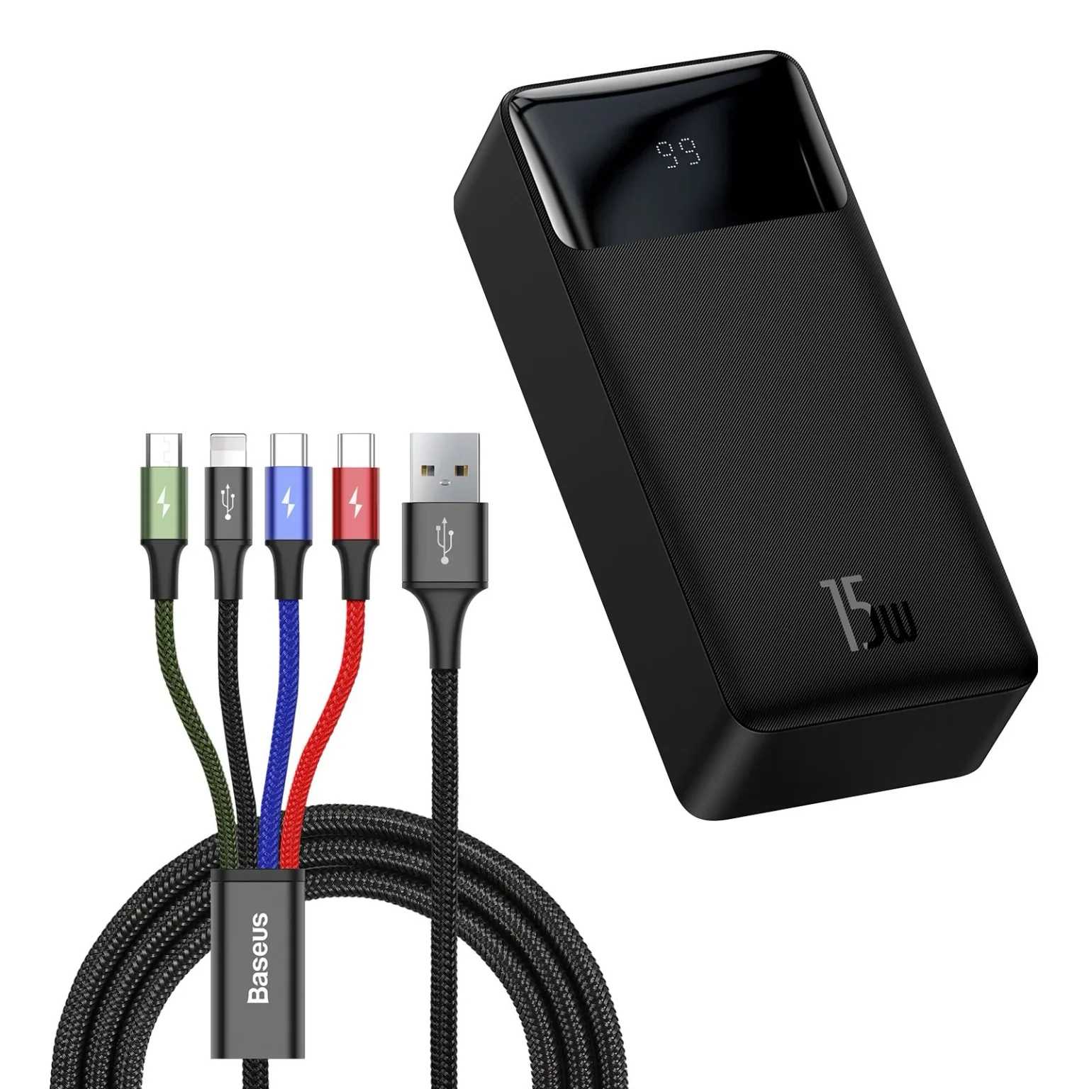 30000mAh 15W Bipow Power Bank + 4-u-1 USB kabel (microUSB / Lightning / 2x USB-C, 1,2 m, crni)