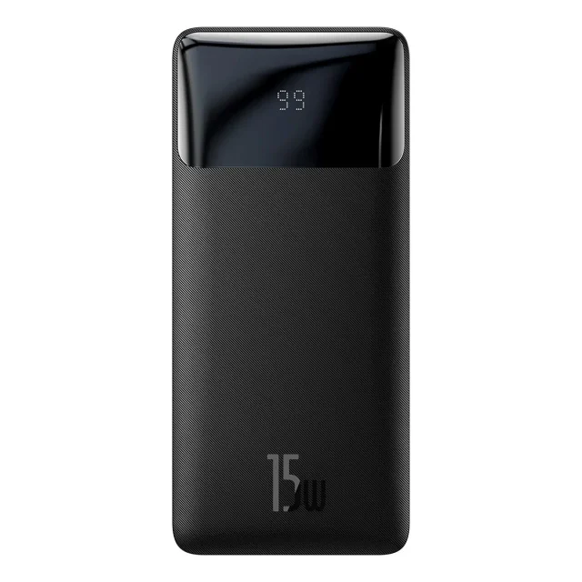 30000 mAh-s, 15 W-os Bipow powerbank + 4 az 1-ben USB-kábel (microUSB / Lightning / 2x USB-C, 1,2 m, fekete)
