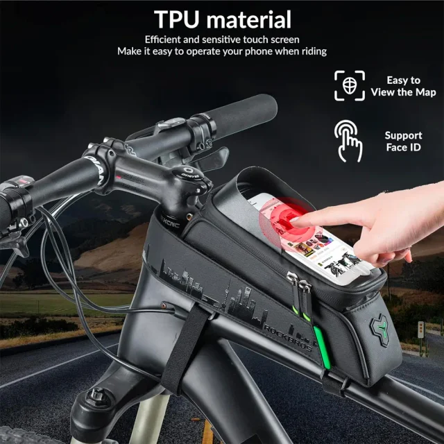 Vázra szerelhető kerékpártáska telefon-/GPS-tartóval, fekete