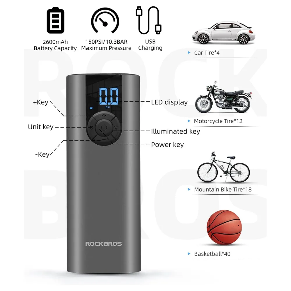 Pompă electrică pentru biciclete, motociclete, mașini și mingi, 10 bari, cu afișaj LED + cablu USB-C, negru 2