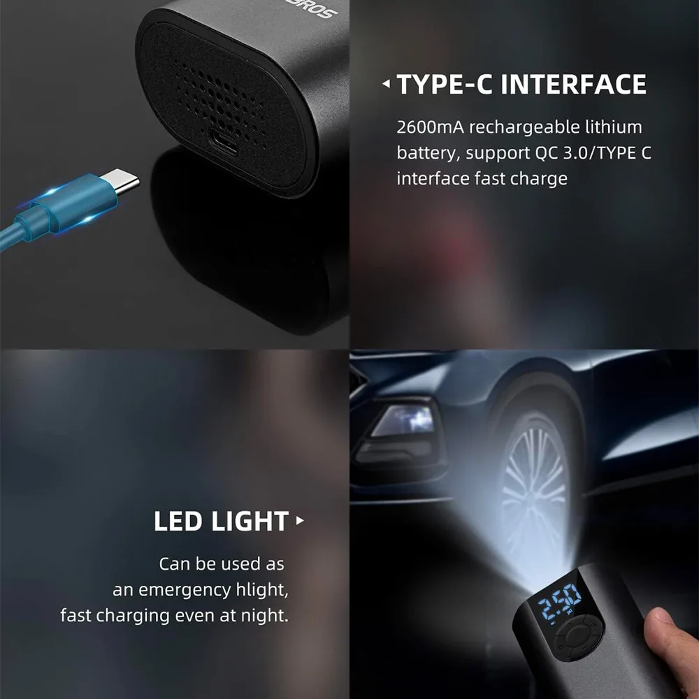 Pompă electrică pentru biciclete, motociclete, mașini și mingi, 10 bari, cu afișaj LED + cablu USB-C, negru 6