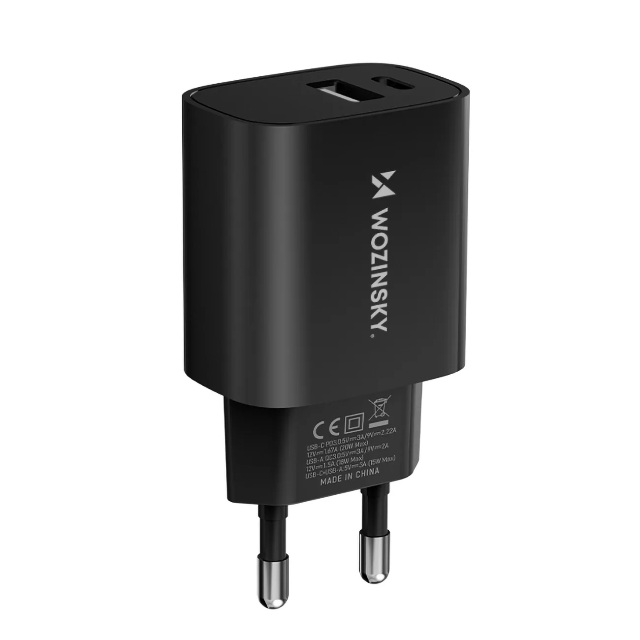 20W USB-A USB-C AC adapter, 100-240V, crni 2