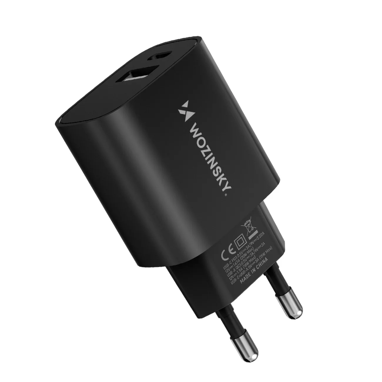 20W USB-A USB-C AC adapter, 100-240V, crni 3