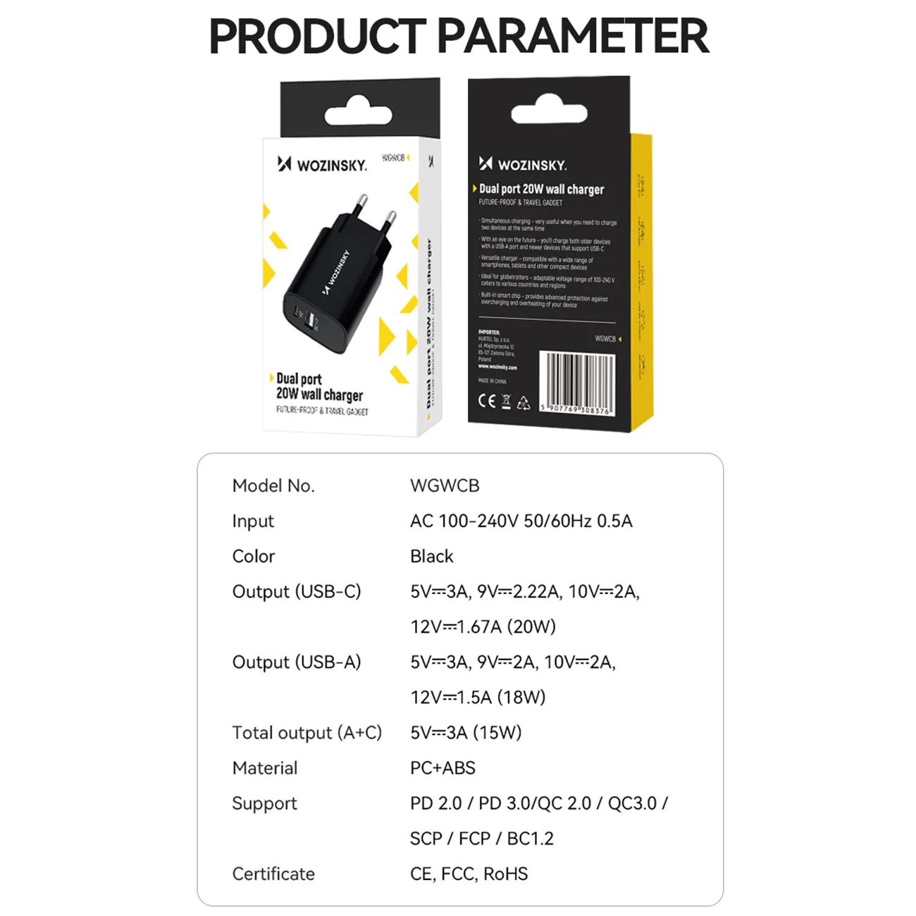 20W USB-A USB-C AC adapter, 100-240V, crni 5