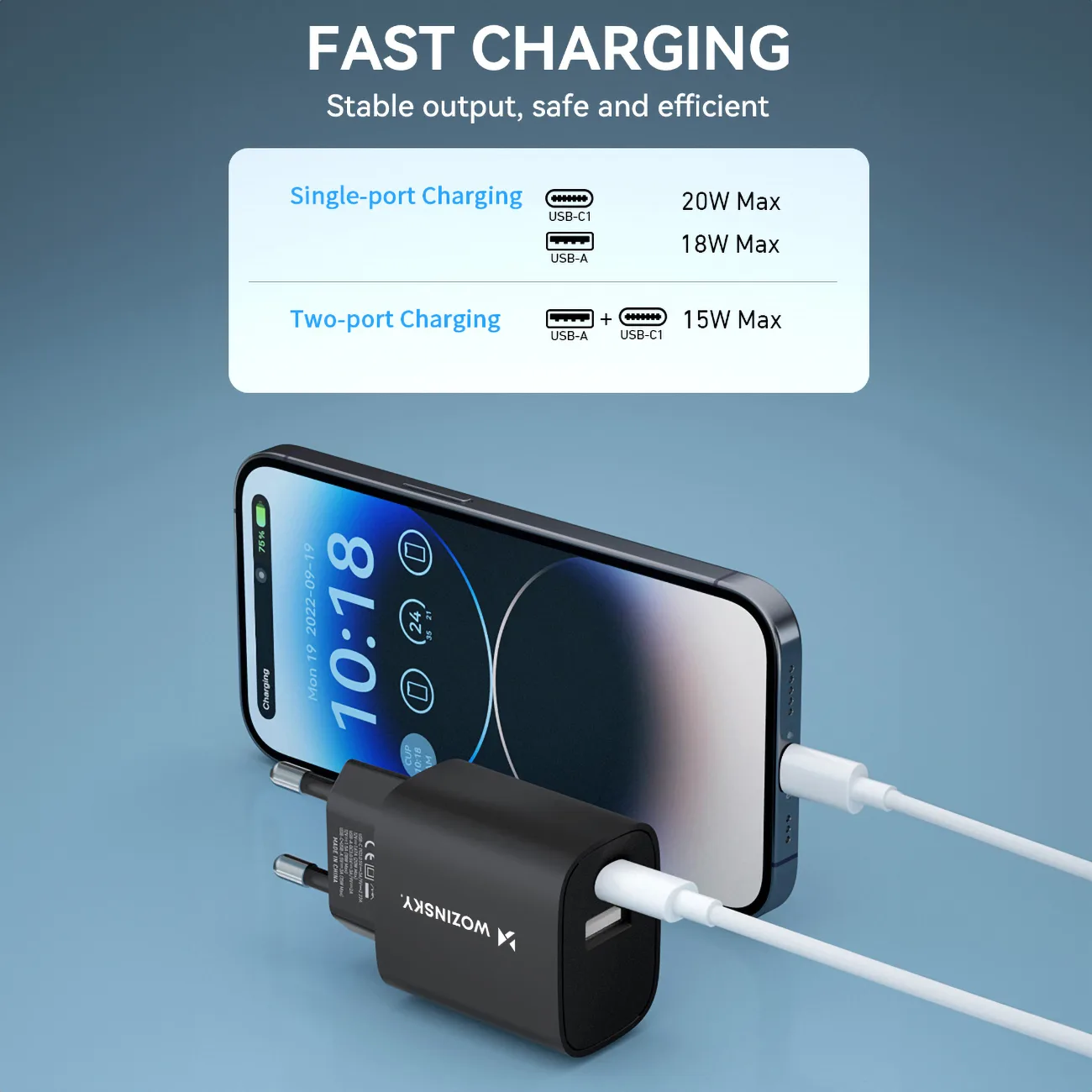 20W USB-A USB-C AC adapter, 100-240V, crni 9