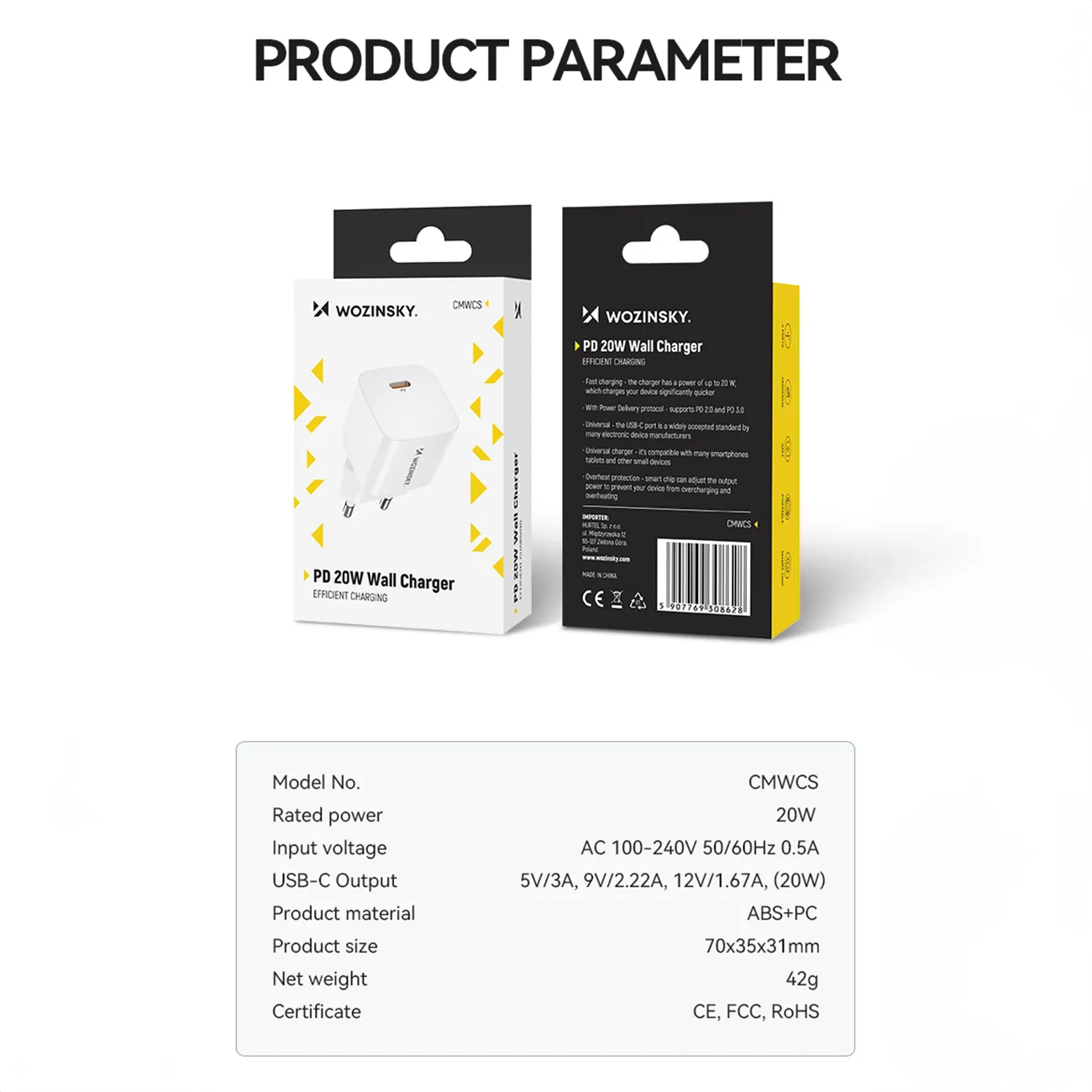 Încărcător de perete PD USB-C 20W 100-240V, alb 4