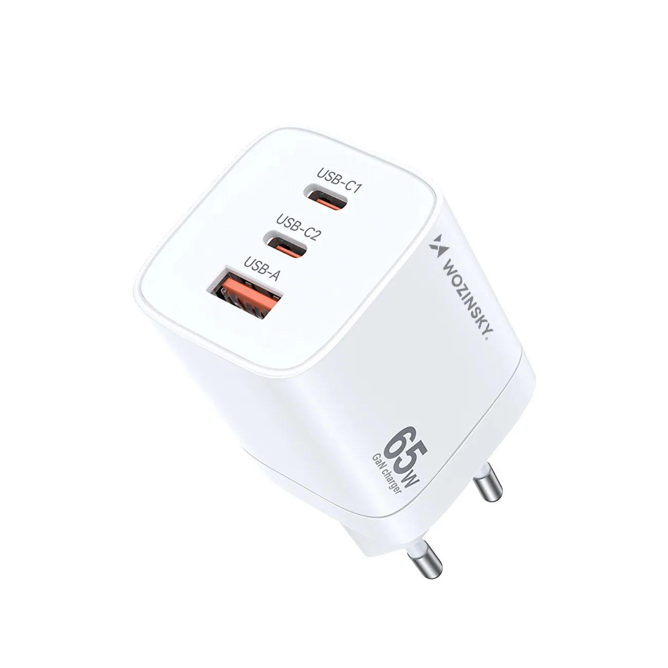 GaN 65 W 100–240 V-os fali töltő 2x USB-C és 1x USB-A csatlakozóval, fehér
