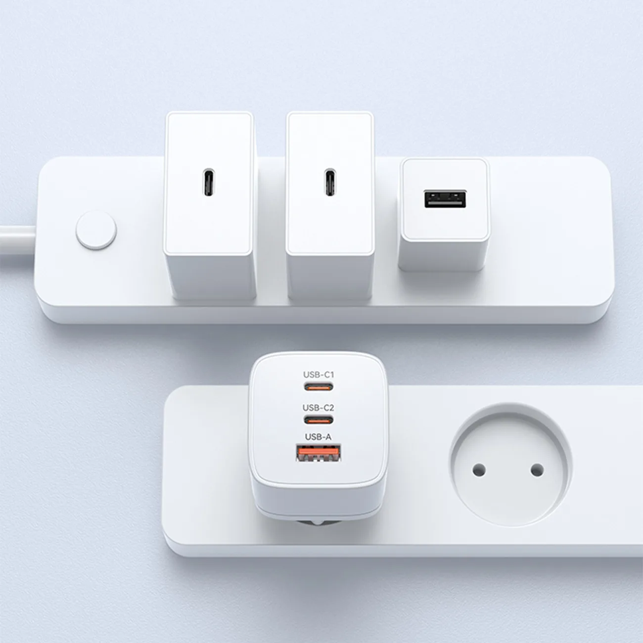 GaN 65W 100-240V Wall Charger with 2x USB-C and 1x USB-A, White 10