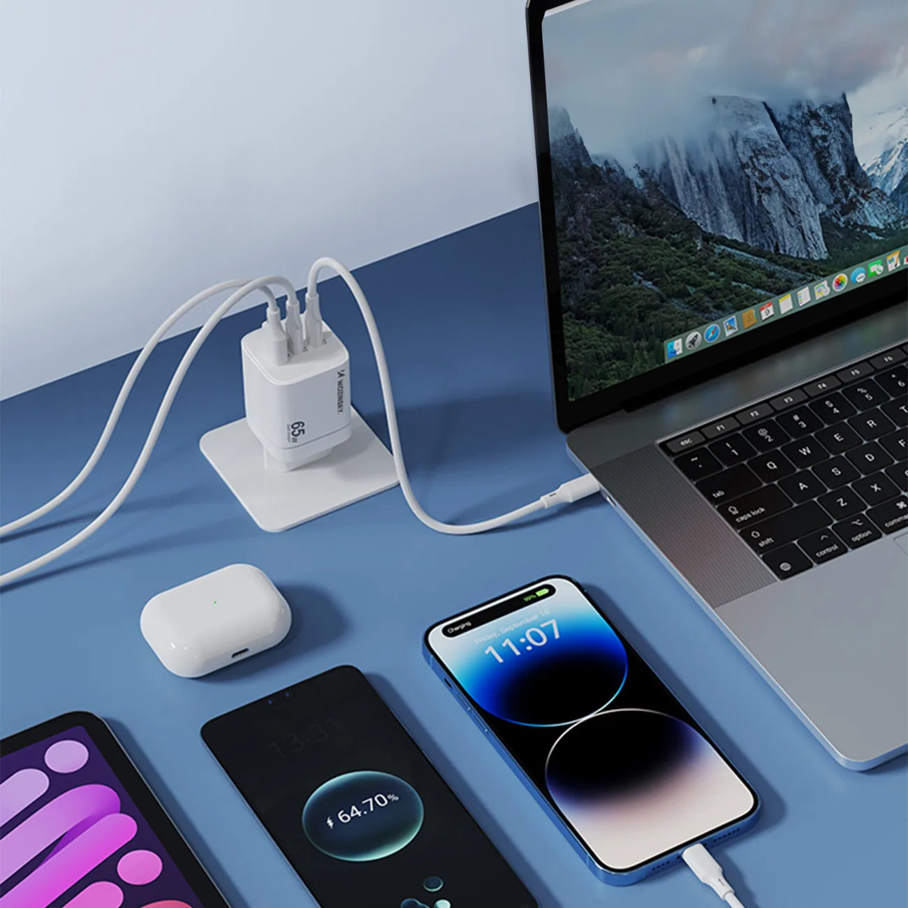GaN 65W 100-240V Wall Charger with 2x USB-C and 1x USB-A, White 11