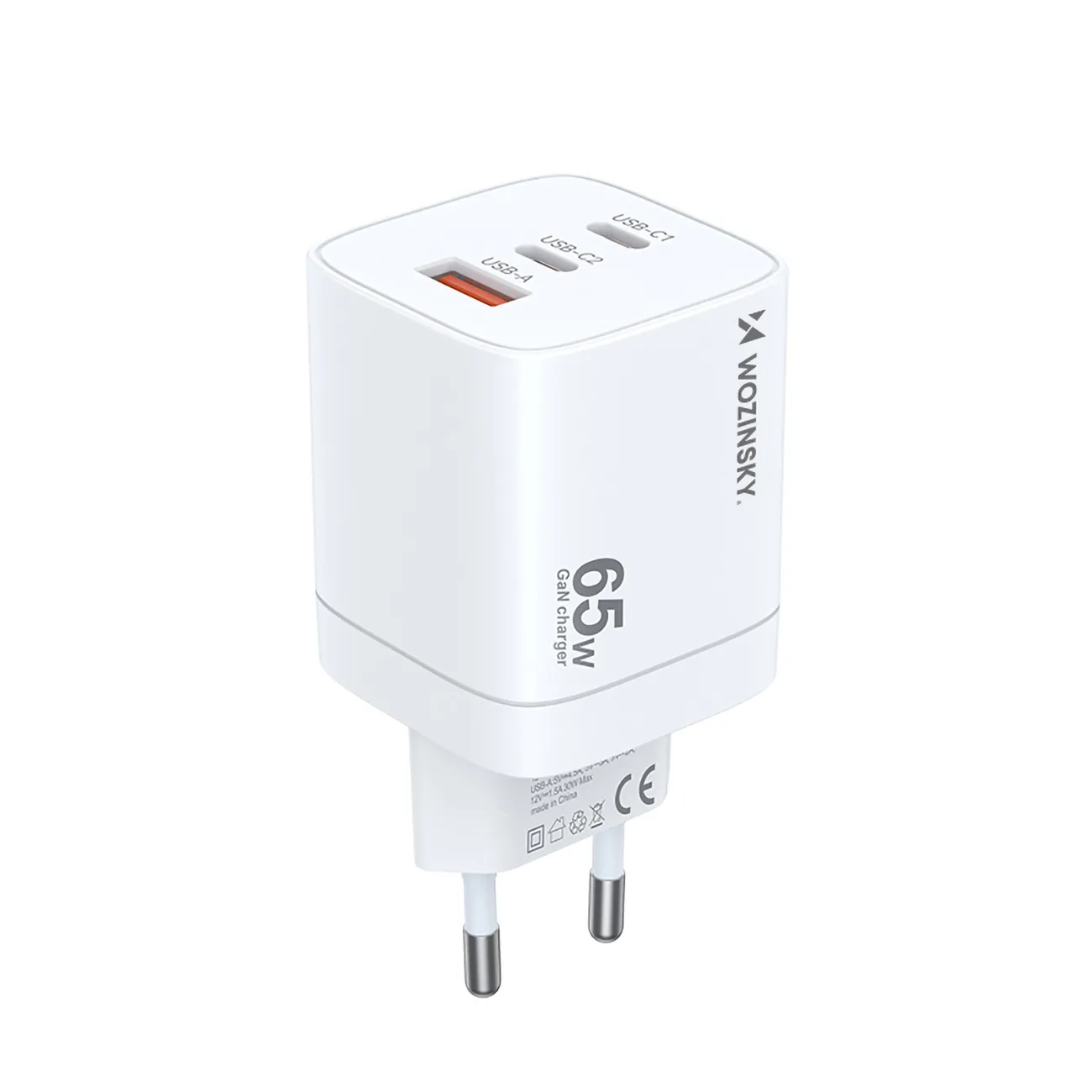 GaN 65W 100-240V Wall Charger with 2x USB-C and 1x USB-A, White 2