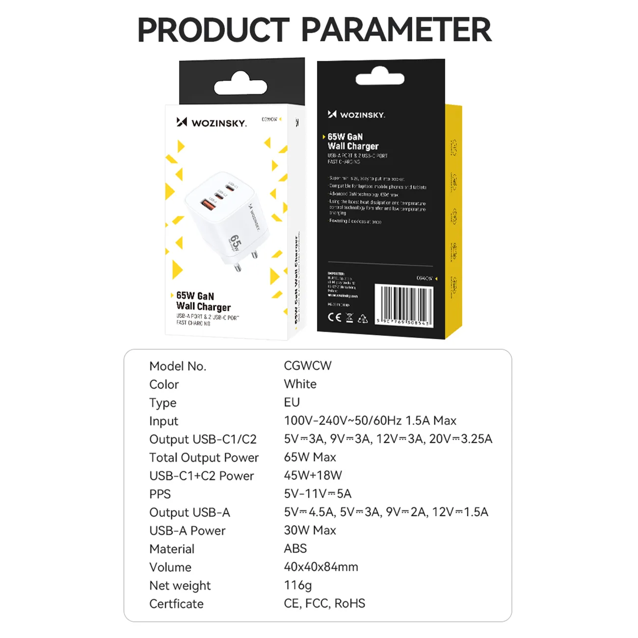 GaN 65W 100-240V Wall Charger with 2x USB-C and 1x USB-A, White 4