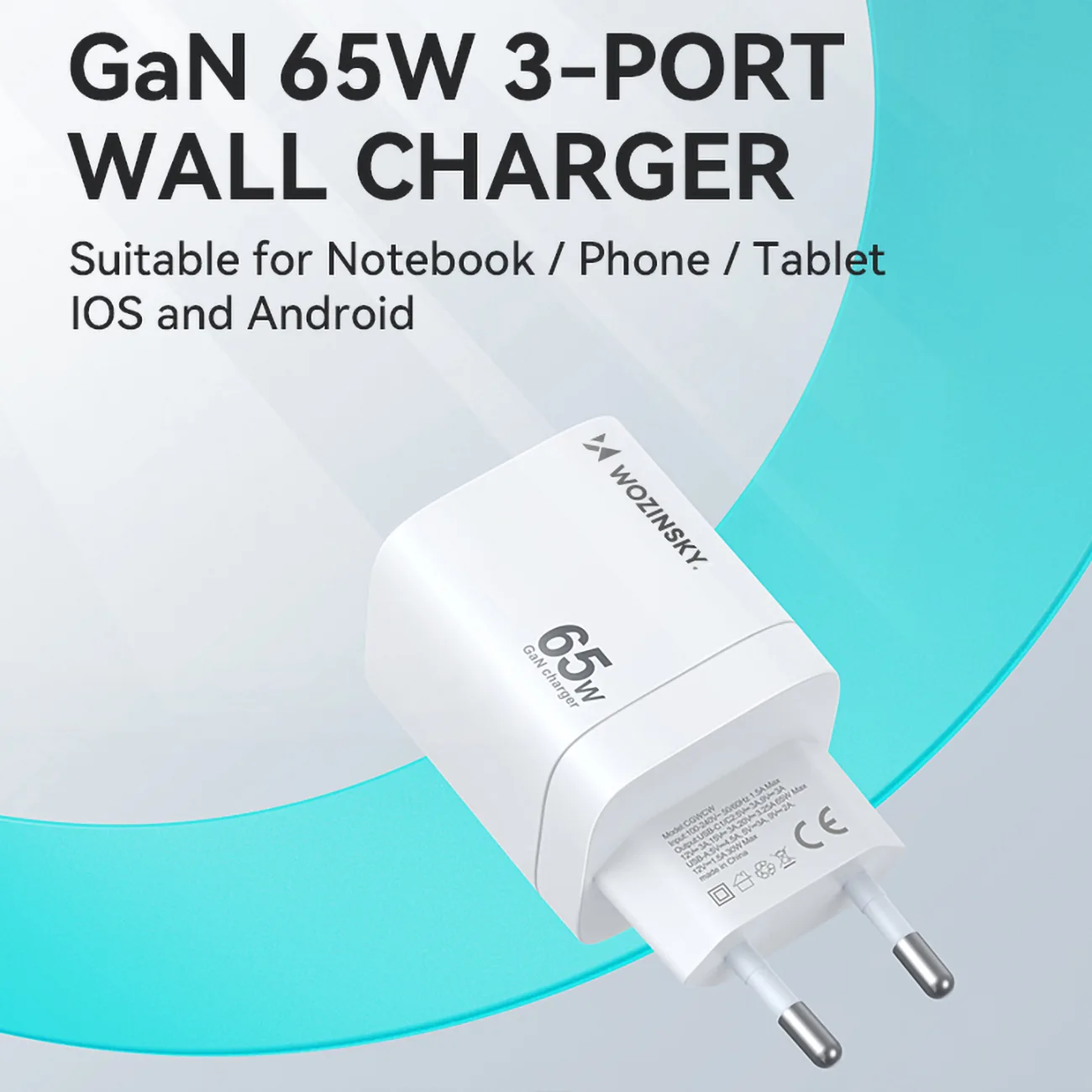 GaN 65W 100-240V Wall Charger with 2x USB-C and 1x USB-A, White 5
