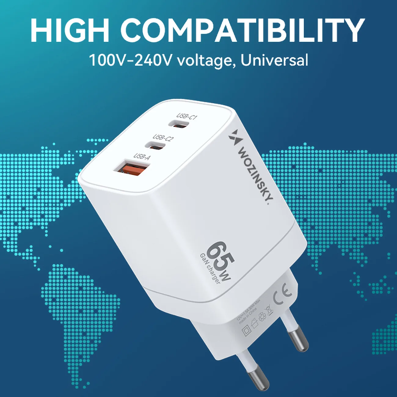 GaN 65W 100-240V Wall Charger with 2x USB-C and 1x USB-A, White 7