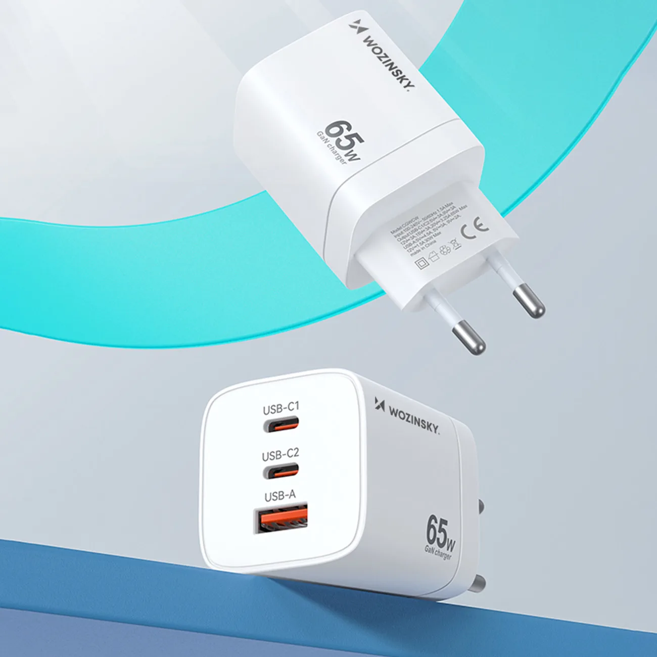 GaN 65W 100-240V Wall Charger with 2x USB-C and 1x USB-A, White 8