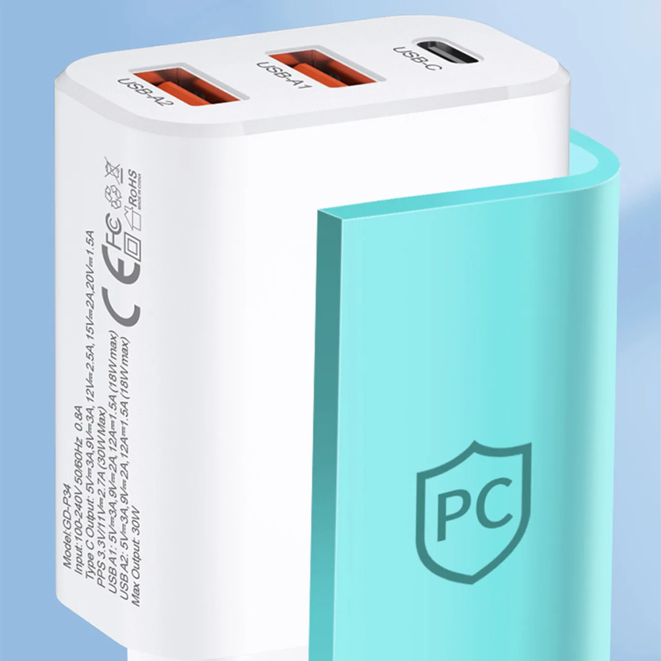 100–240 V, 30 W, USB-C, 2x USB-A fali töltő, fehér 11