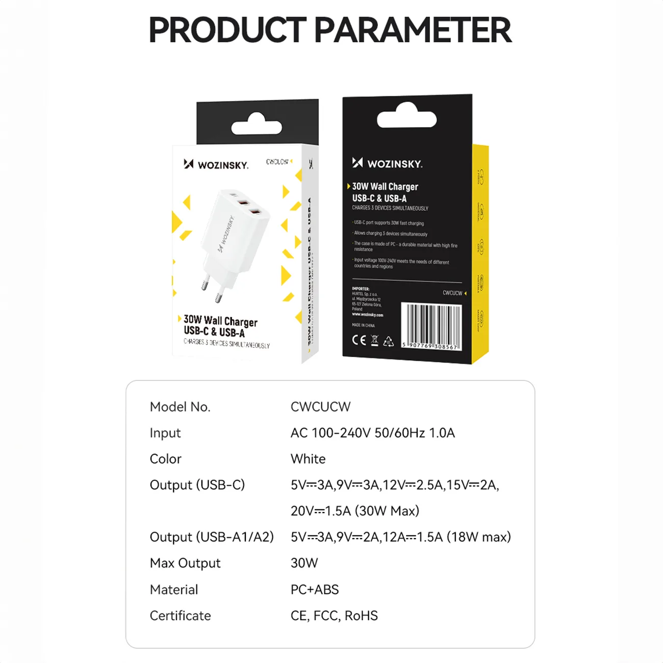 100–240 V, 30 W, USB-C, 2x USB-A, Wandladegerät, weiß 5