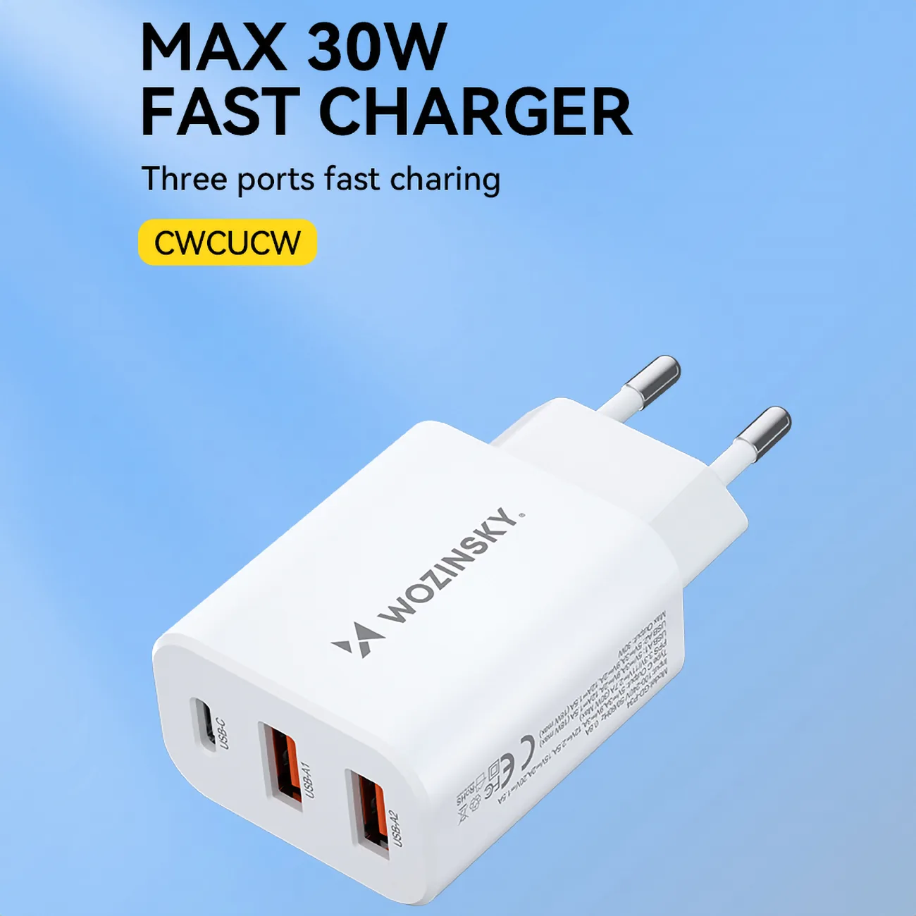 100–240 V, 30 W, USB-C, 2x USB-A fali töltő, fehér 6